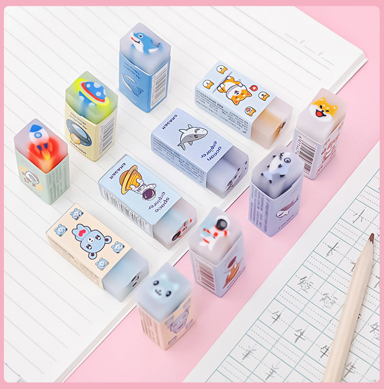 9 Piece Cartoon Cute Astronaut Animals Rubber Mini Eraser Set Novelty Stationery