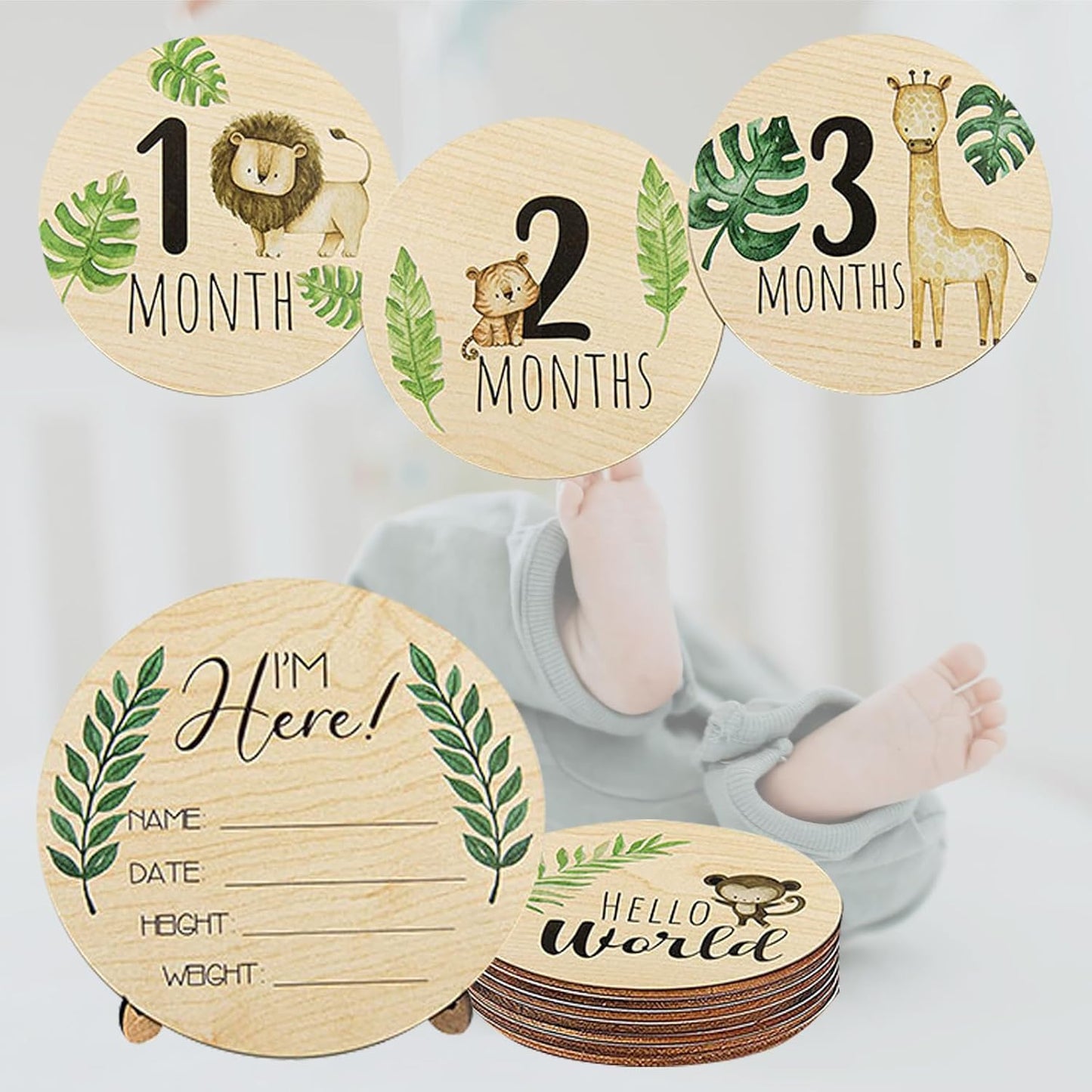 Safari Animals Wooden Milestone Cards Baby Wooden Circles - Newborn Baby Shower Gift Monthly Wooden Discs Hello World Milestone Pregnancy