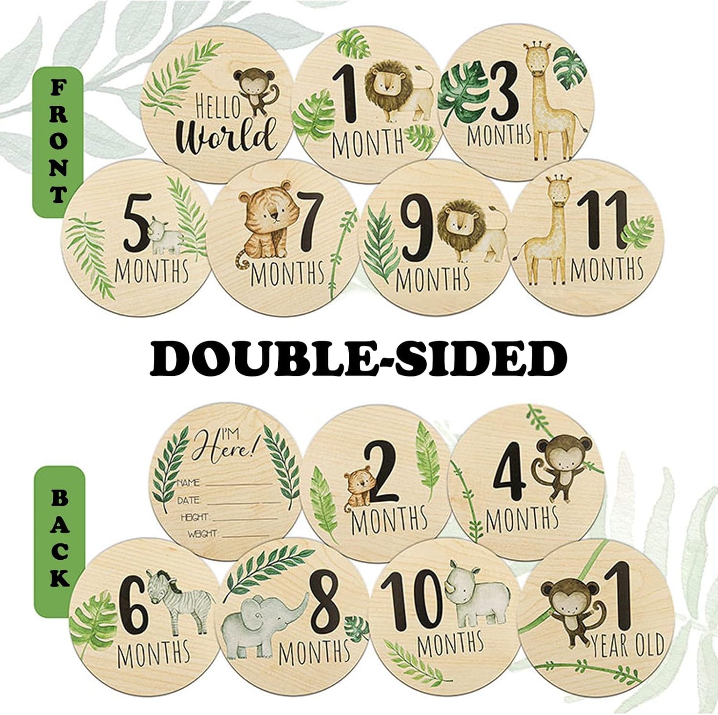 Safari Animals Wooden Milestone Cards Baby Wooden Circles - Newborn Baby Shower Gift Monthly Wooden Discs Hello World Milestone Pregnancy