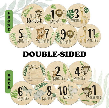 Safari Animals Wooden Milestone Cards Baby Wooden Circles - Newborn Baby Shower Gift Monthly Wooden Discs Hello World Milestone Pregnancy