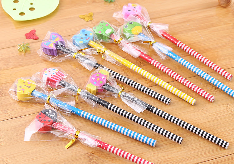 24pcs Animal Eraser Topper Wooden Pencils Cartoon Cute Kid school Supply HB write