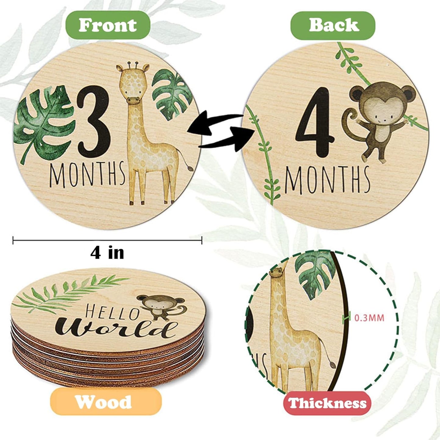 Safari Animals Wooden Milestone Cards Baby Wooden Circles - Newborn Baby Shower Gift Monthly Wooden Discs Hello World Milestone Pregnancy