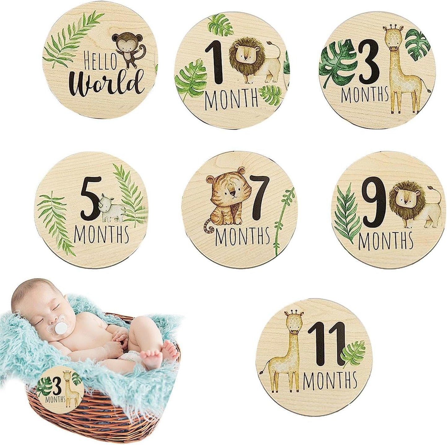 Safari Animals Wooden Milestone Cards Baby Wooden Circles - Newborn Baby Shower Gift Monthly Wooden Discs Hello World Milestone Pregnancy