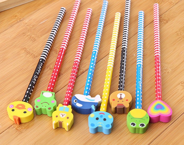 24pcs Animal Eraser Topper Wooden Pencils Cartoon Cute Kid school Supply HB write