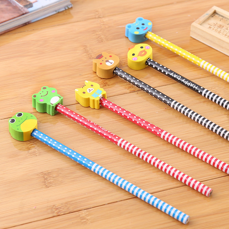 24pcs Animal Eraser Topper Wooden Pencils Cartoon Cute Kid school Supply HB write