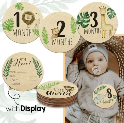 Safari Animals Wooden Milestone Cards Baby Wooden Circles - Newborn Baby Shower Gift Monthly Wooden Discs Hello World Milestone Pregnancy