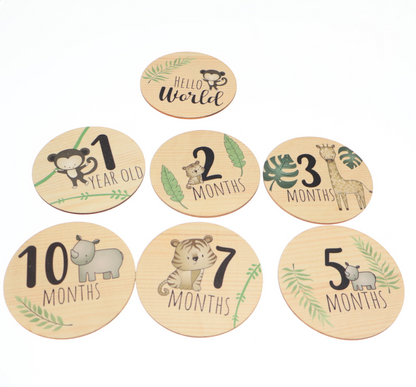 Safari Animals Wooden Milestone Cards Baby Wooden Circles - Newborn Baby Shower Gift Monthly Wooden Discs Hello World Milestone Pregnancy